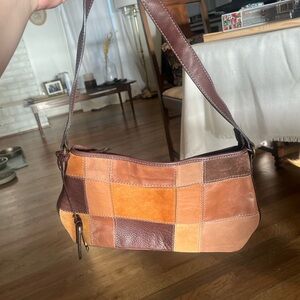 1954 Fossil vintage leather and suede patch work shoulder bag with key attached